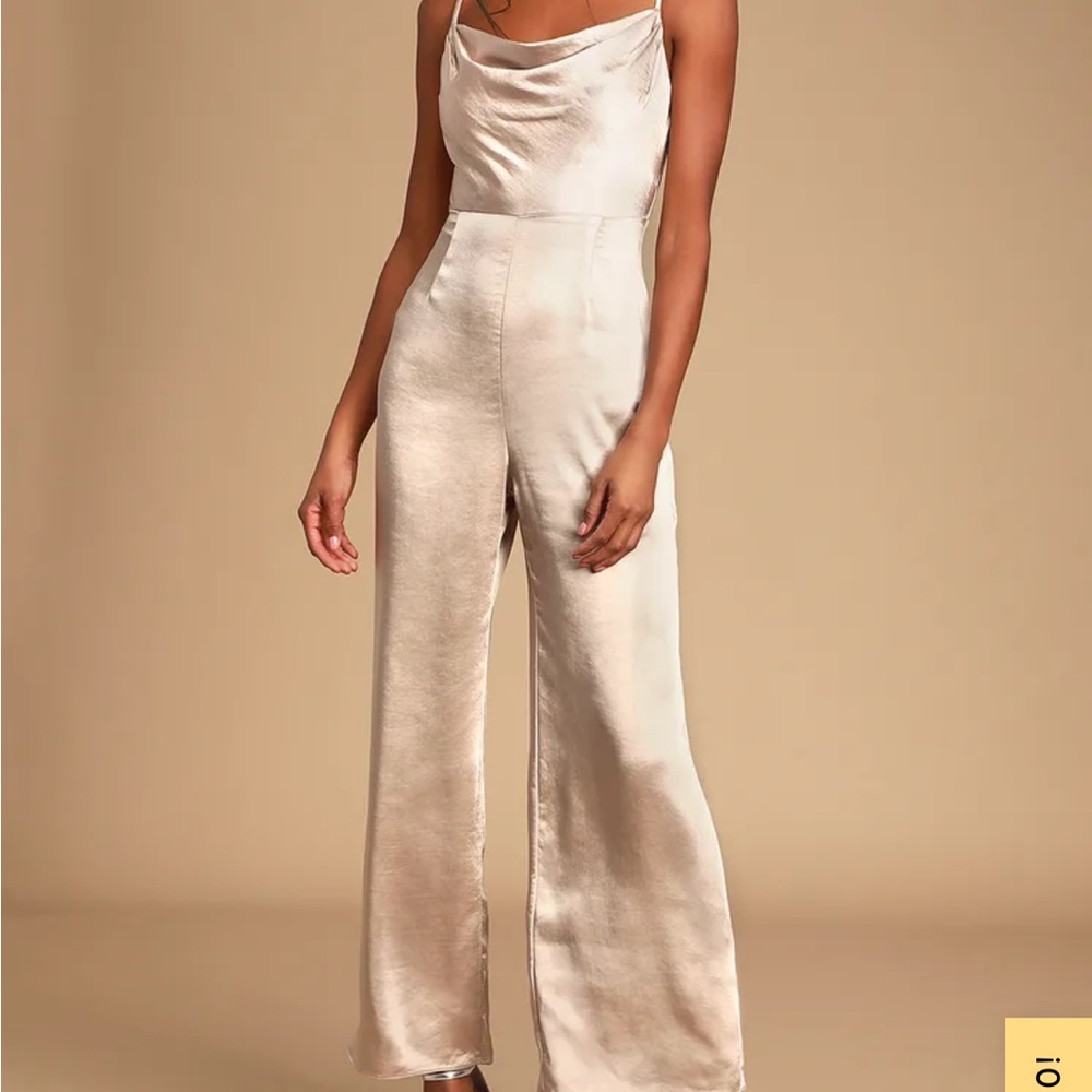 lulus/lush champagne satin cowl neck jumpsuit